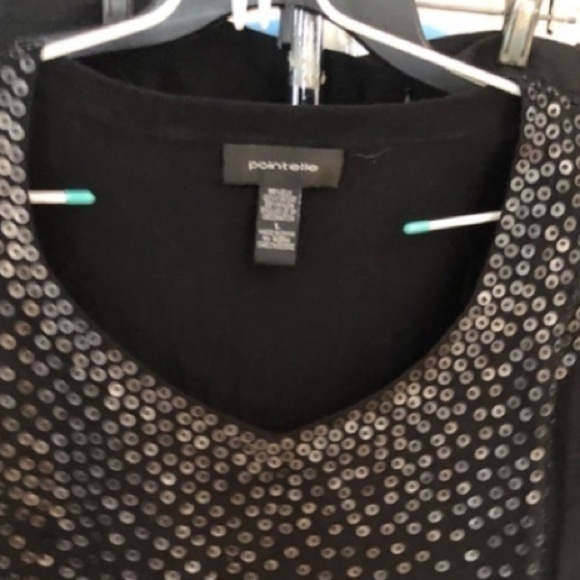 Pointelle  large black with gold sequin front scoop embellished sweater - Picture 3 of 11